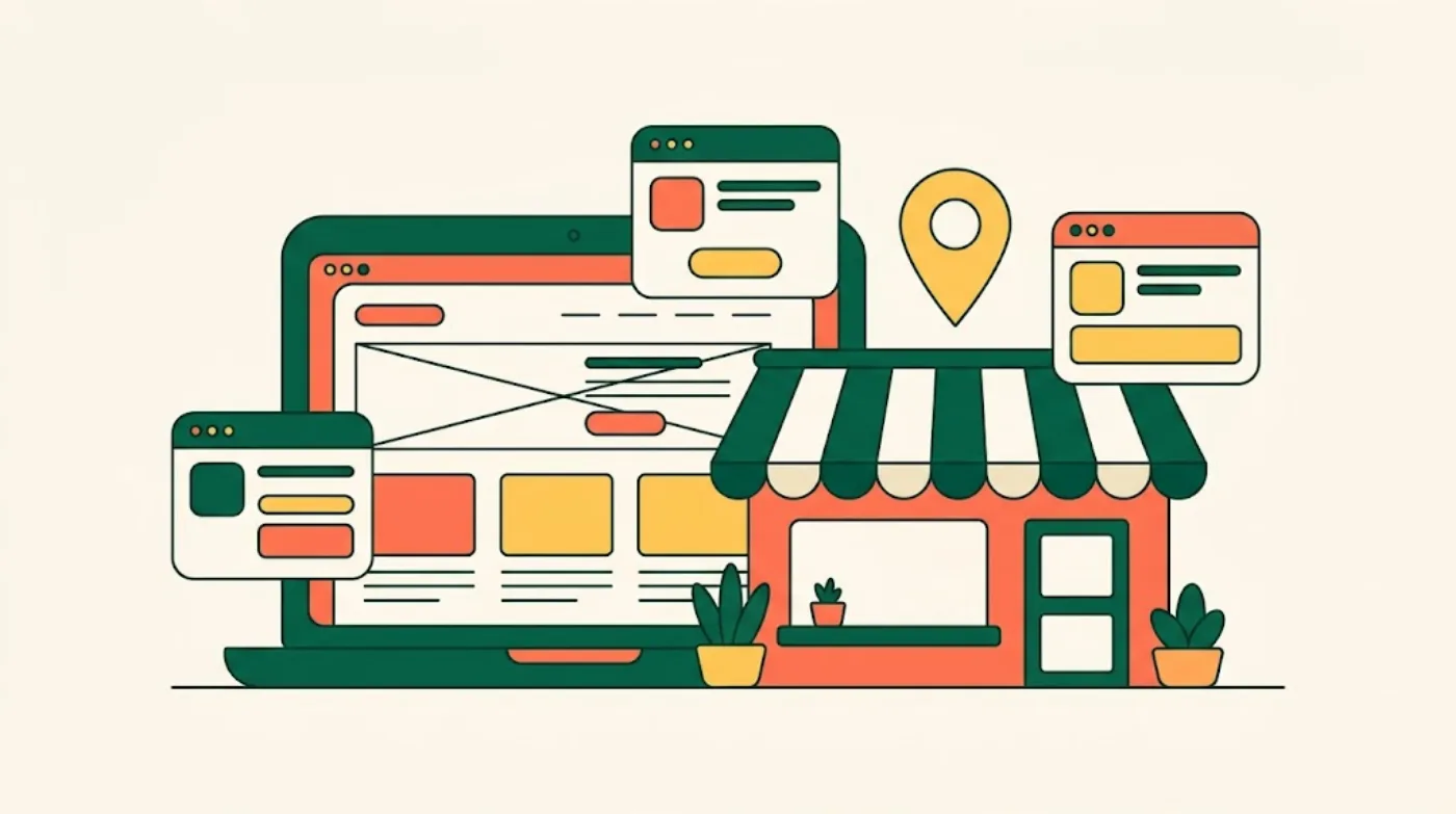 Illustration : un ordinateur affichant un site web à côté d'une boutique de quartier